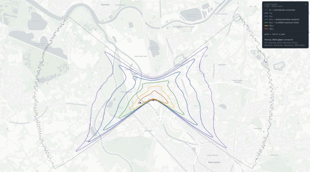 Werkelijke slagschaduwkaart Ecopower windturbine Mechelen Noord